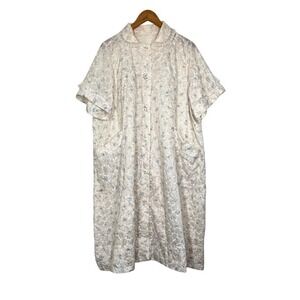 Vintage 70s Duster Robe Cream Blue Floral Umbrella Lace Trim Housecoat L XL